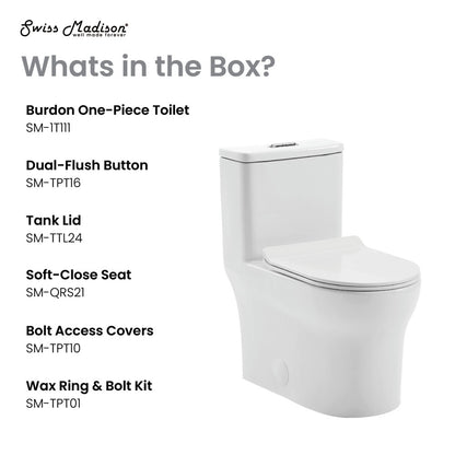 Elongated one-piece toilet with dual-flush button and soft-close seat in white ceramic.