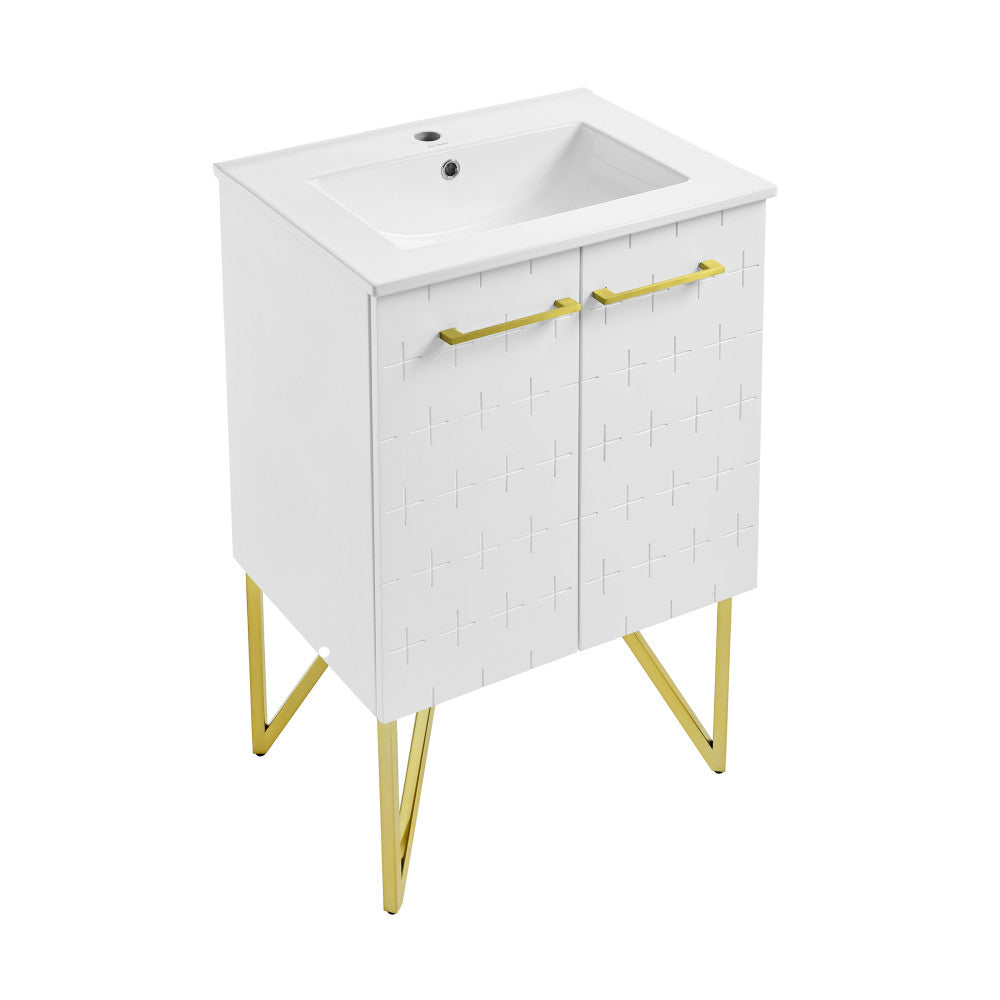 24-inch freestanding bathroom vanity in galaxy white with single sink and gold-tone legs and handles.