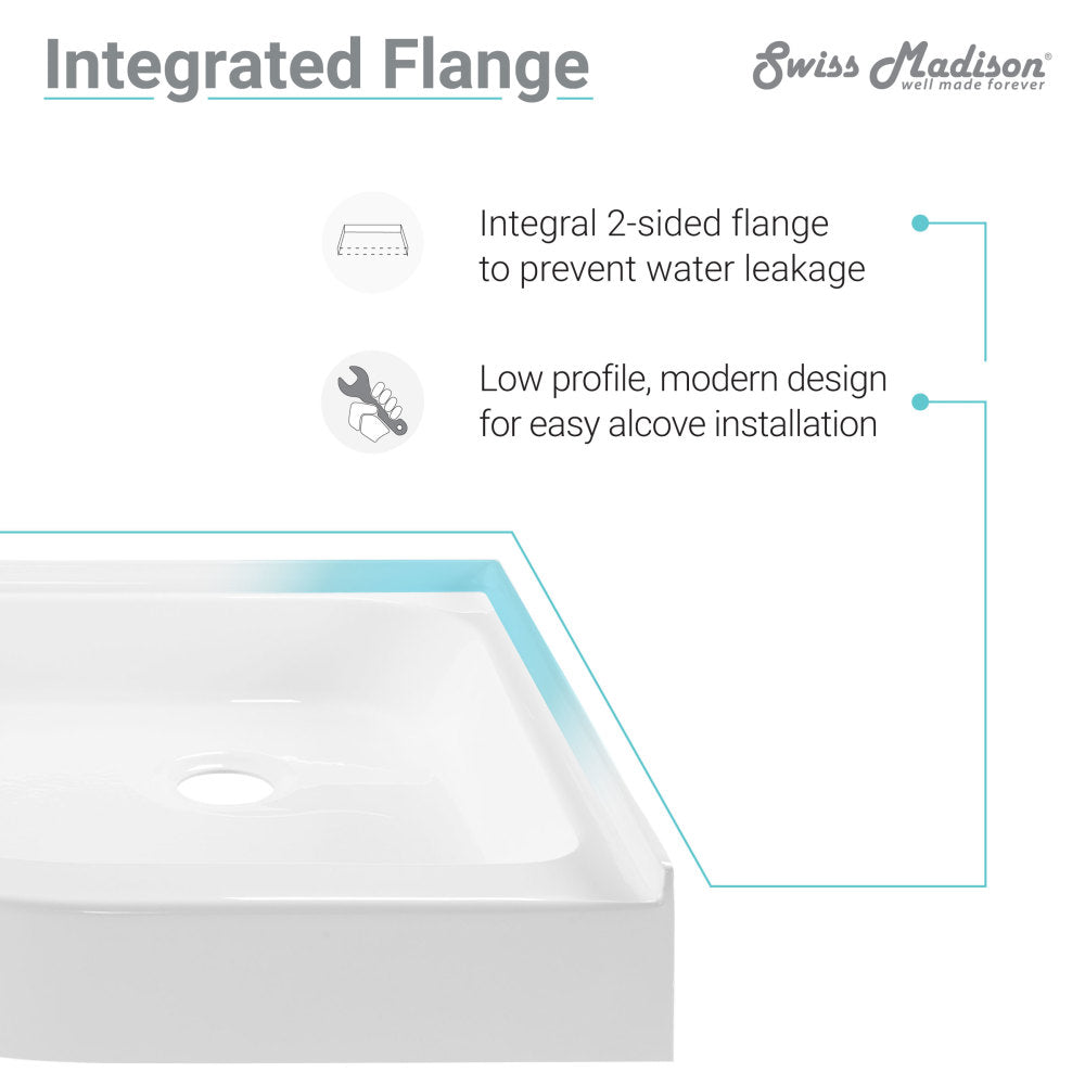 Neo-angle white acrylic shower base 32x32 inch with center drain and single threshold.