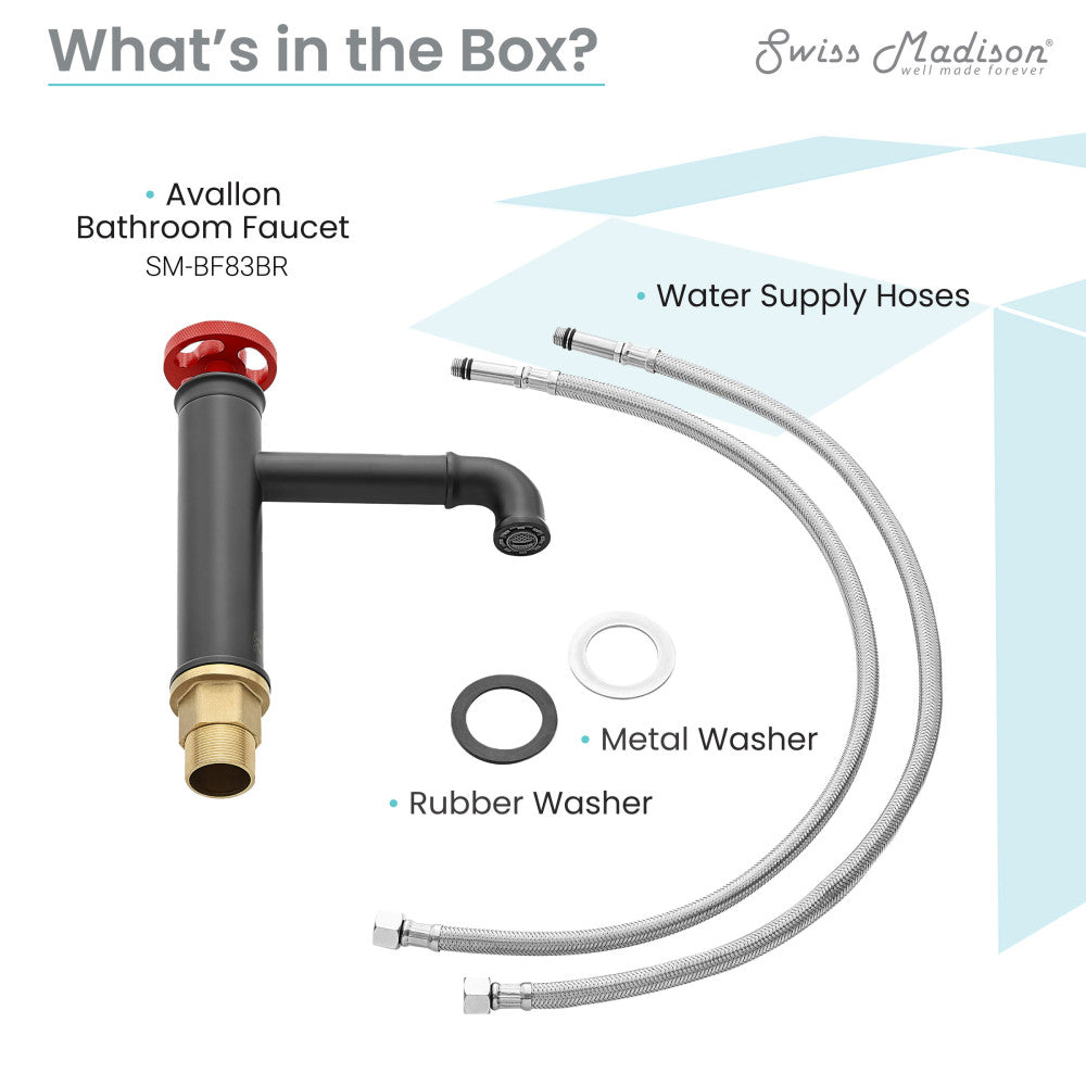 Single-handle bathroom faucet in matte black with distinctive red handle and included water supply hoses and washers.