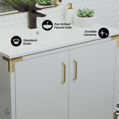 Voltaire 36" Freestanding Bathroom Vanity in White with Sink Top