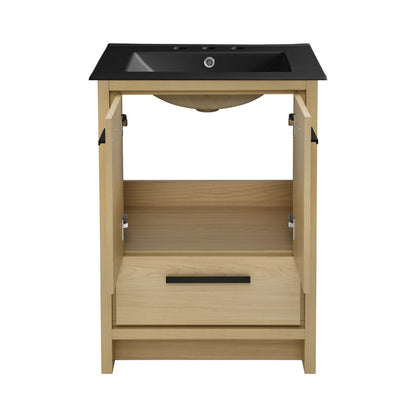 Virage 24 in. Brown Oak Bathroom Vanity With Black, 3-Hole Ceramic Sink Top