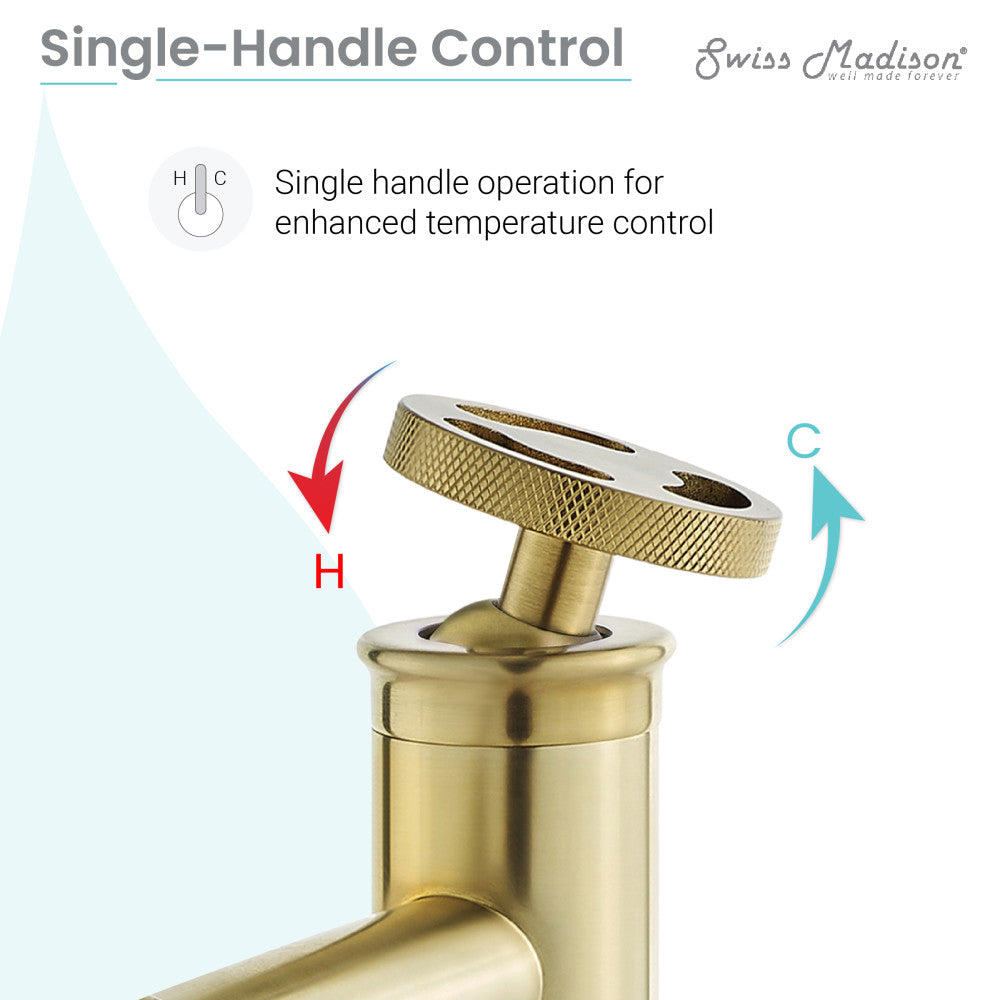 Single-handle bathroom faucet in brushed gold with knurled wheel handle design.
