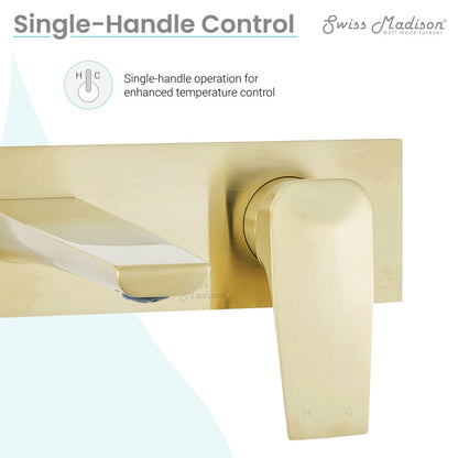 Single-handle wall-mount bathroom faucet in brushed gold with angular spout and lever handle.