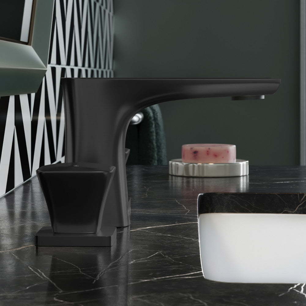 Widespread bathroom faucet in matte black with two handles and a modern angular design.