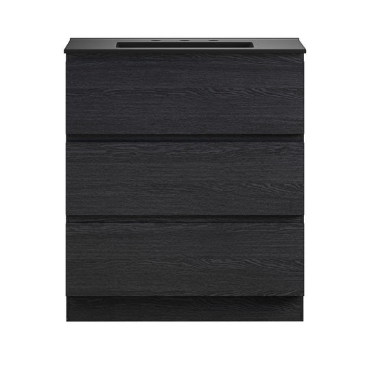 Liberte 30" Freestanding Bathroom Vanity in Black Oak with Black 3-Hole Widespread Sink Top