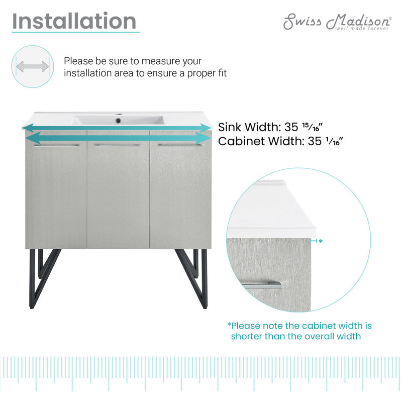 Annecy 36" Freestanding Bathroom Vanity in Gray with Sink Top