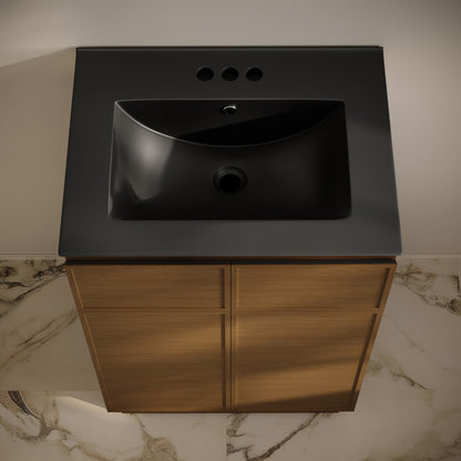 St. Tropez 24" Freestanding Bathroom Vanity in Brown Oak with Black 3-Hole Centerset Sink Top