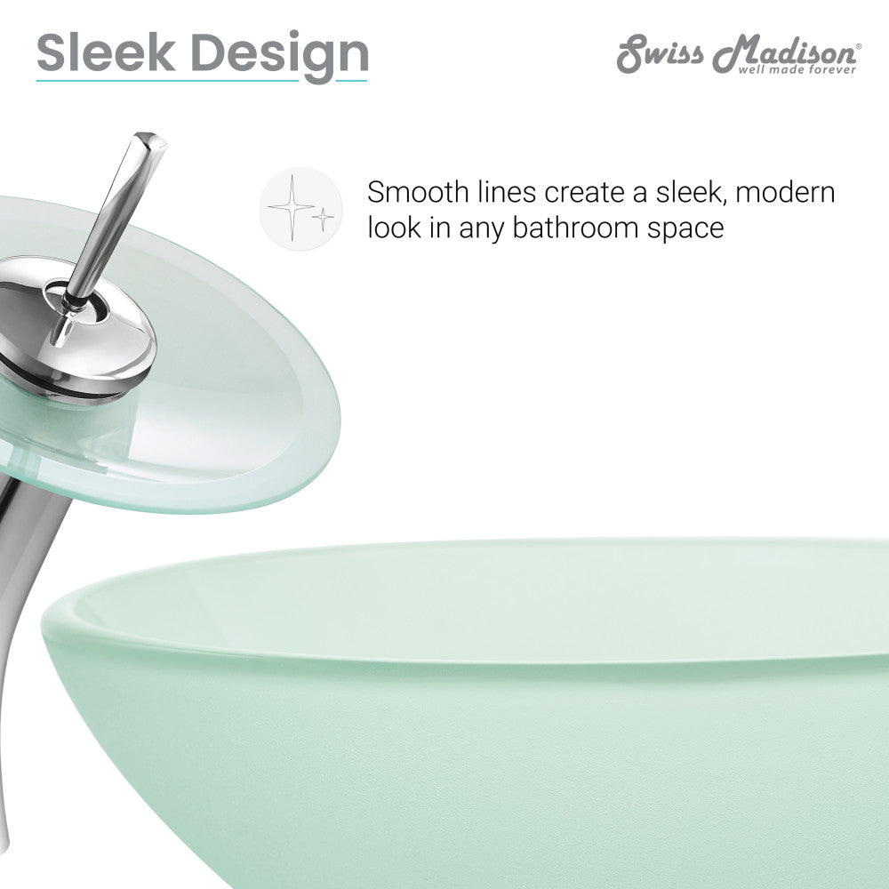 16.5-inch frosted glass vessel sink with single-handle chrome faucet, modern sleek design.
