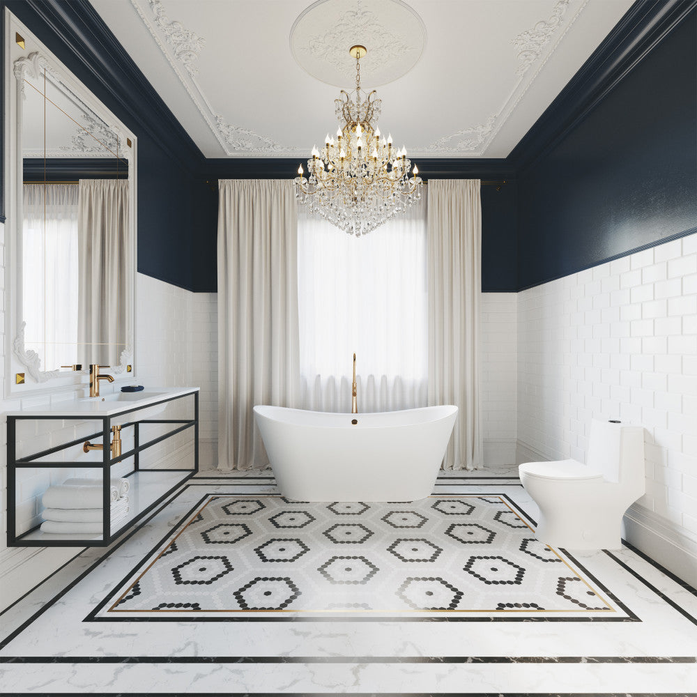 Elongated one-piece toilet with dual vortex flush and black hardware.