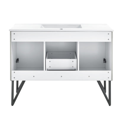 48-inch freestanding bathroom vanity in gray with single sink and open storage compartments.