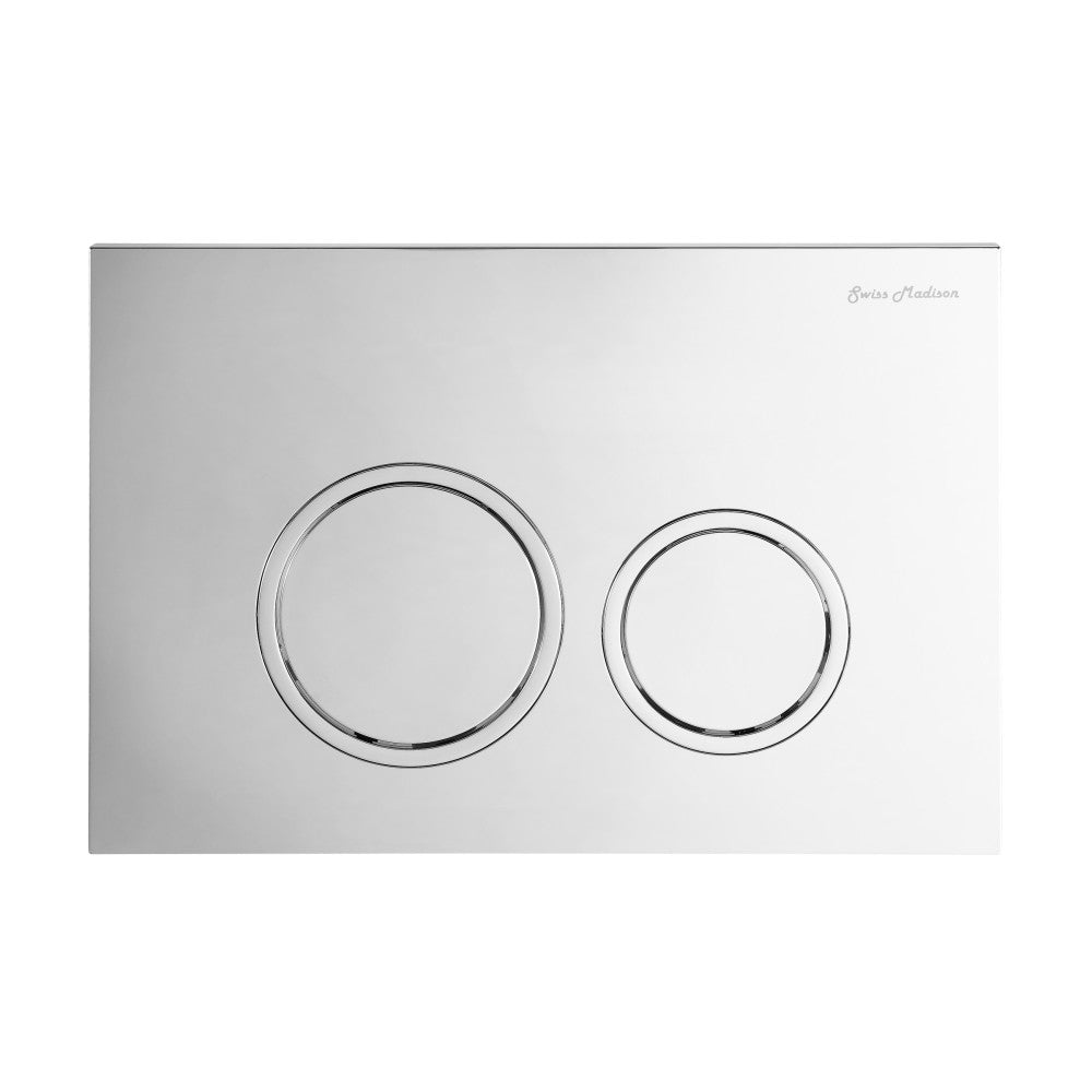 Dual flush wall-mounted toilet flush plate with two circular buttons in chrome finish.