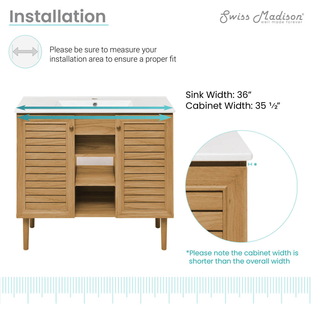 36-inch freestanding bathroom vanity in golden oak with single sink and slatted soft-close doors.