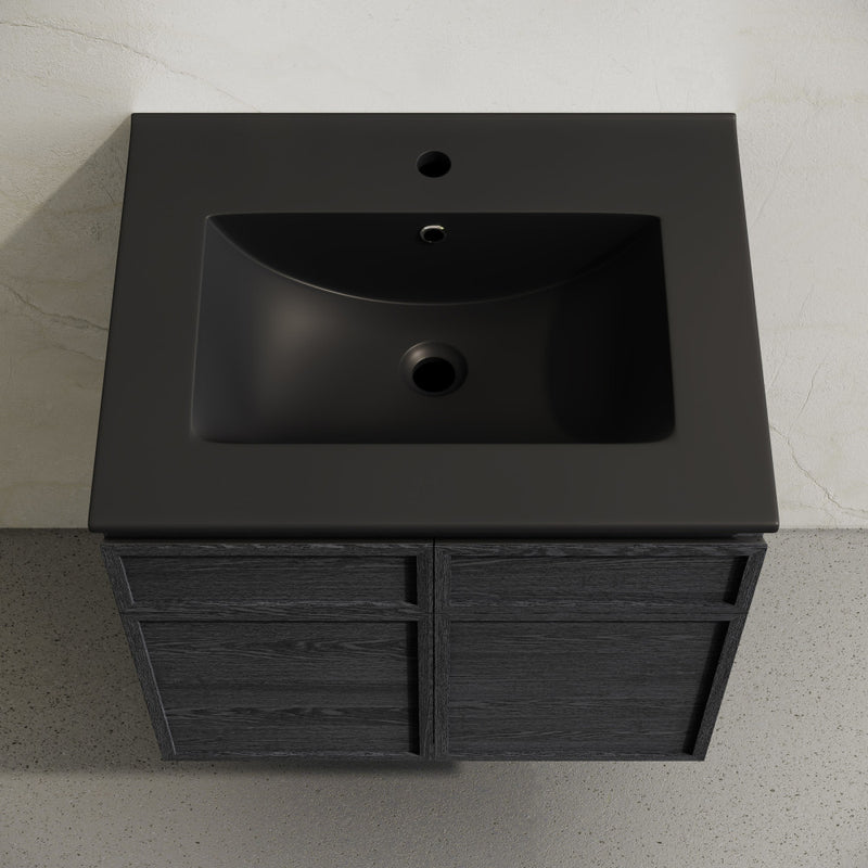St. Tropez 24" Wall-Mounted Bathroom Vanity in Black Oak with Black Sink Top
