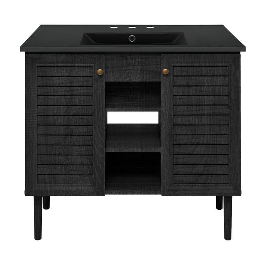 Bron 36" Freestanding Bathroom Vanity in Black Oak with Black 3-Hole Widespread Sink Top