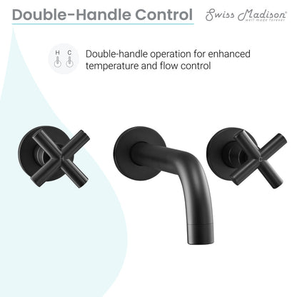 Widespread double cross-handle wall-mount bathroom faucet in matte black with curved spout.