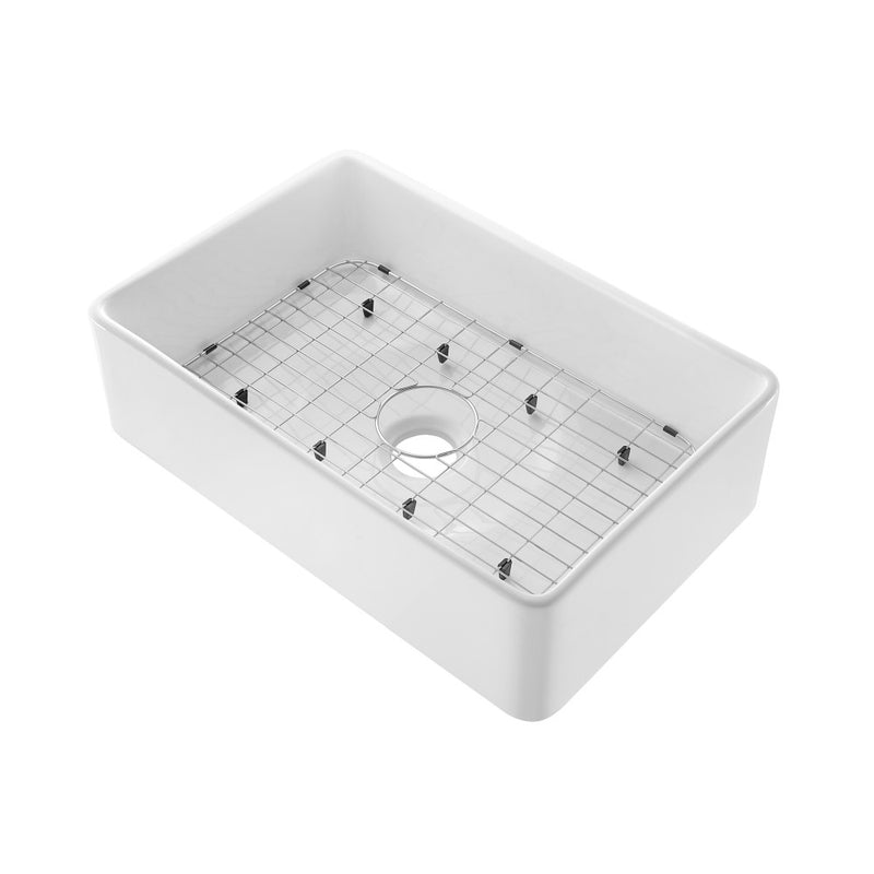 Elegance 30" x 20" Single Basin Fireclay Farmhouse Kitchen Sink in Glossy White with Stainless Steel Grid