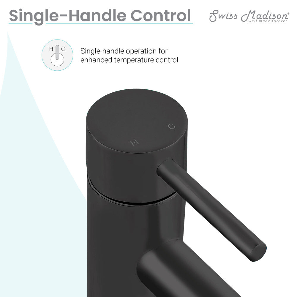 Matte black single-handle bathroom faucet with cylindrical body and lever handle, Ivy collection.