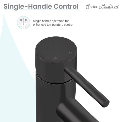 Matte black single-handle bathroom faucet with cylindrical body and lever handle, Ivy collection.