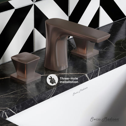 Widespread bathroom faucet in oil rubbed bronze, 2-handle, 8-inch installation, modern angular design.
