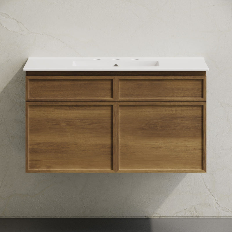 St. Tropez 36" Wall-Mounted Bathroom Vanity in Brown Oak with 3-Hole Widespread Sink Top