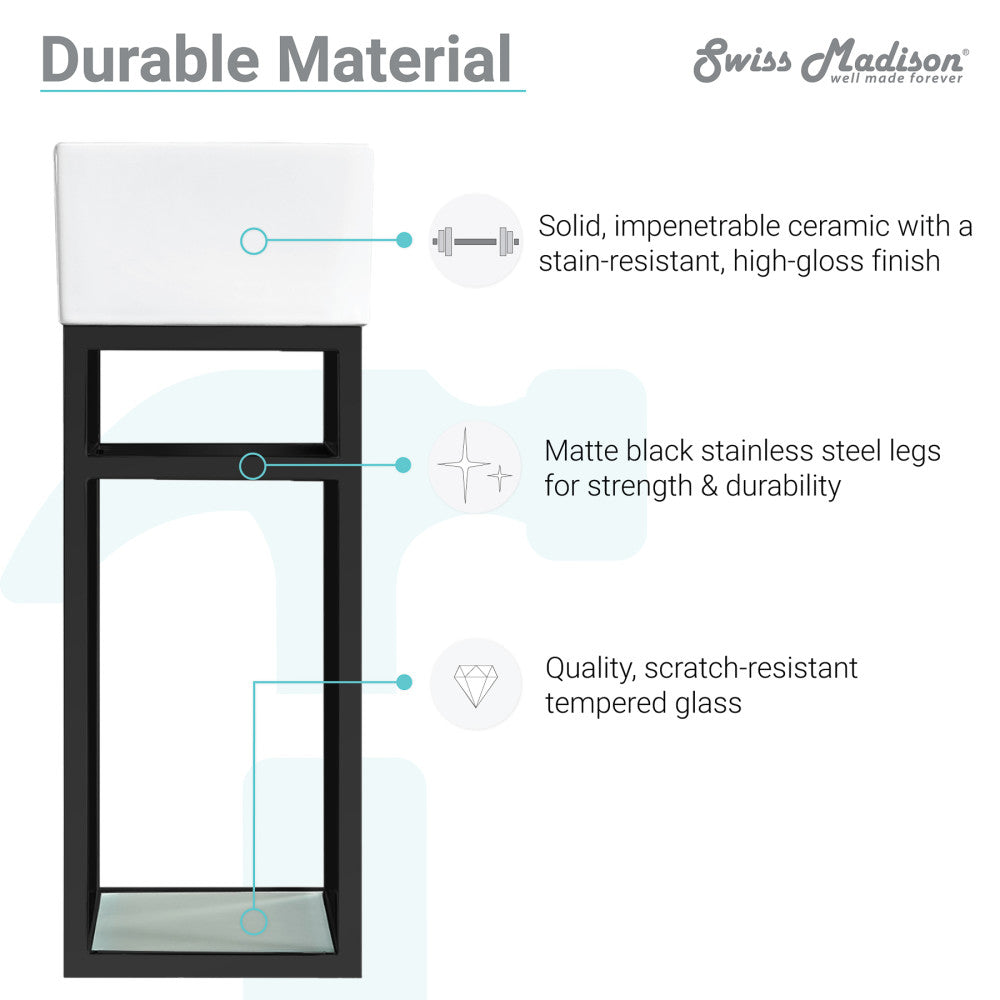 19.5-inch wall-mount bathroom vanity with metal frame and open tempered glass shelf, matte black legs.
