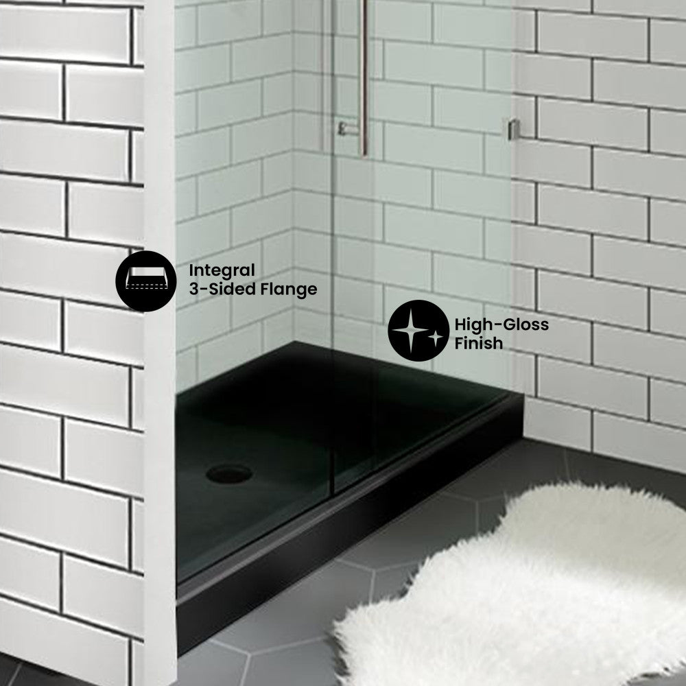 Voltaire 60" x 30" Acrylic Black, Single-Threshold, Center Drain, Shower Base