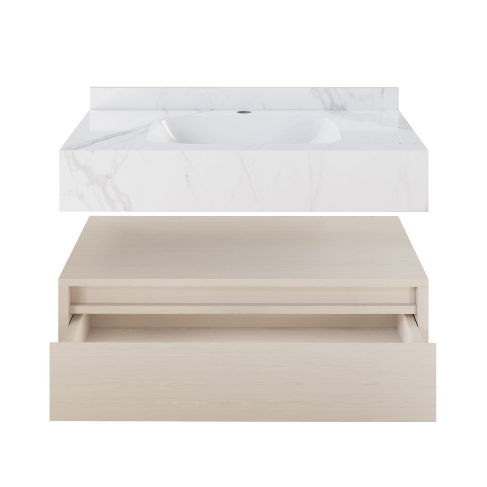 Avancer 36" Wall-Mounted Bathroom Vanity in White Oak with White Marble Sink Top