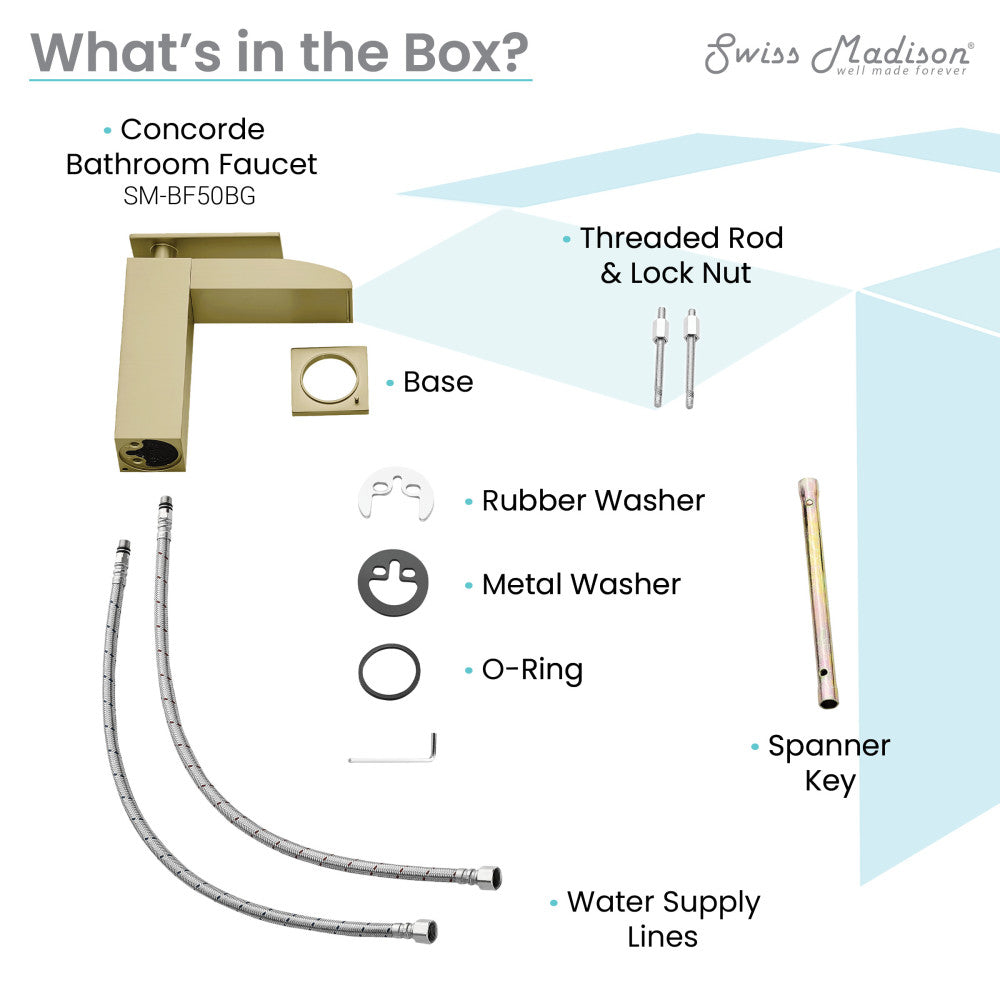 Single-handle waterfall bathroom faucet in brushed gold with threaded rod, washers, and water supply lines.