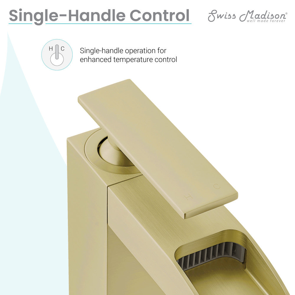 Single-handle waterfall bathroom faucet in brushed gold with flat lever handle and rectangular spout.