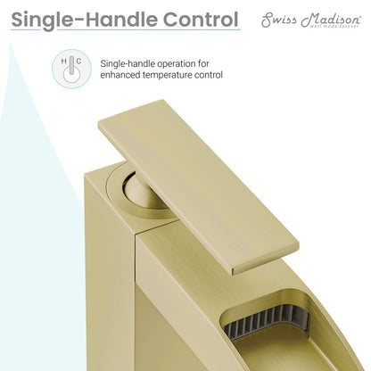 Single-handle waterfall bathroom faucet in brushed gold with flat lever handle and rectangular spout.