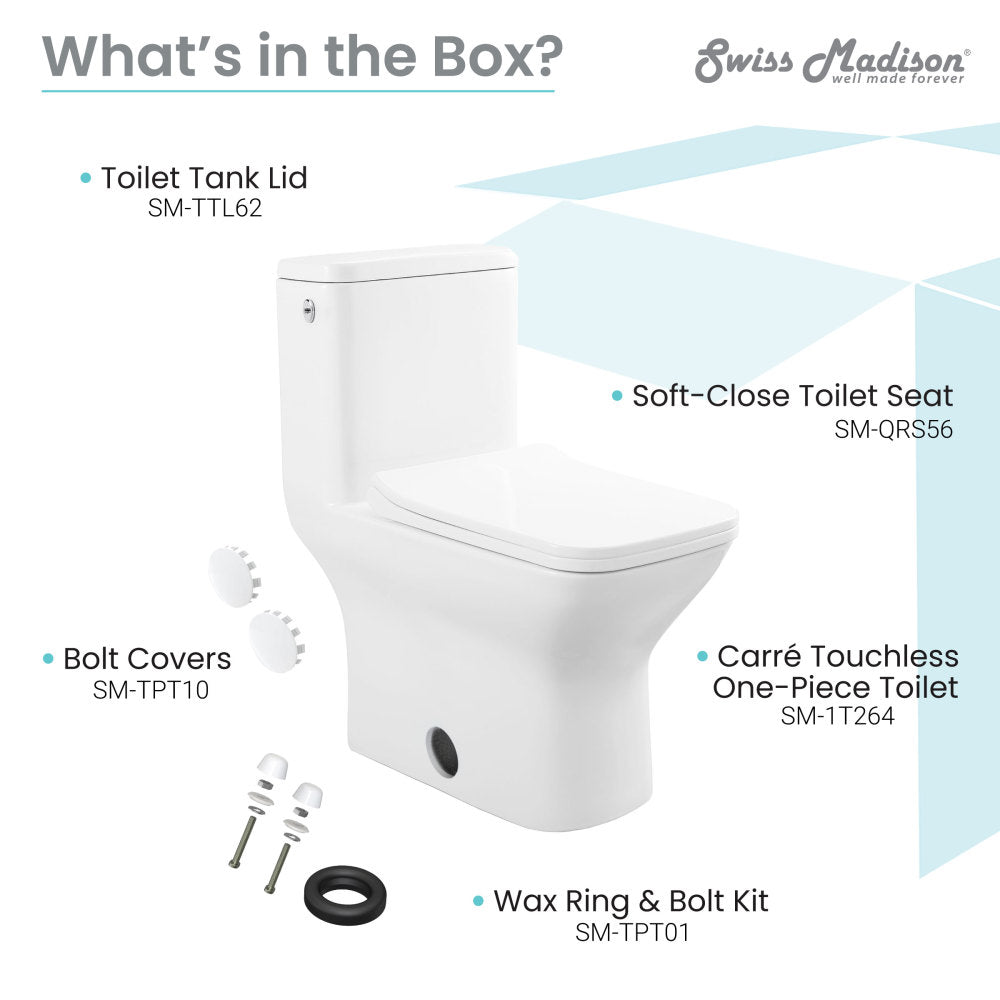 Elongated one-piece white toilet with dual-flush and touchless operation, soft-close seat.