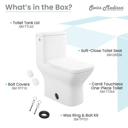 Elongated one-piece white toilet with dual-flush and touchless operation, soft-close seat.