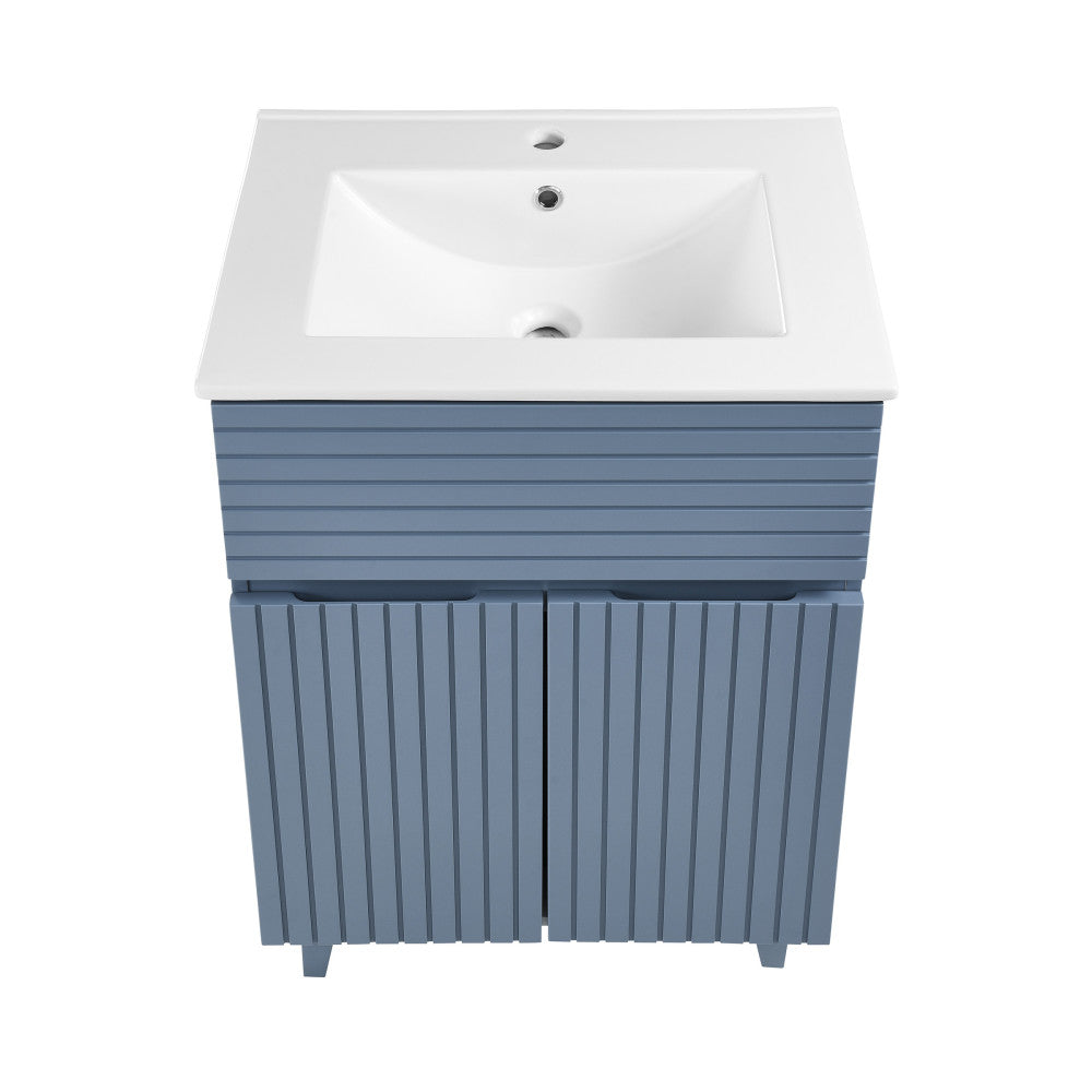 24-inch freestanding bathroom vanity in blue heather with single sink and soft-close doors.