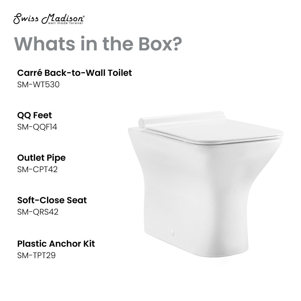 Square back-to-wall toilet bowl with soft-close seat, white ceramic, compact design.