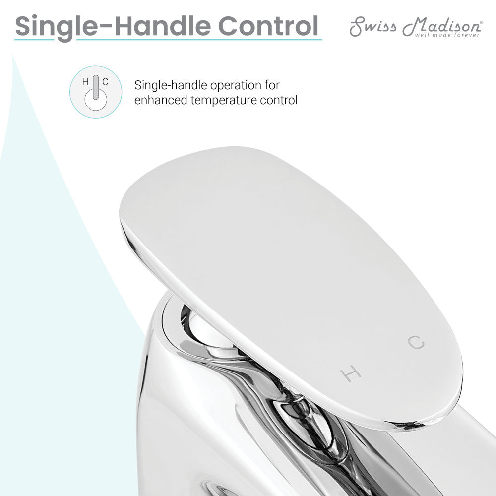 Single-handle bathroom faucet in chrome with smooth oval handle and polished finish.