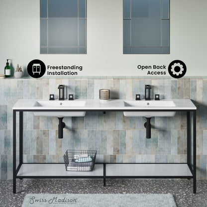 Pierre 72 Double, Freestanding, Open Shelf, Matte Black Metal Frame Bathroom Vanity