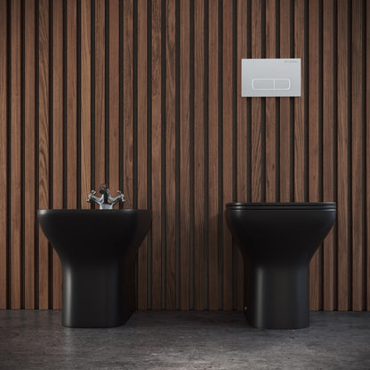 Black bidet faucet with dual handles, paired with a matching black bidet against a wood-paneled wall.