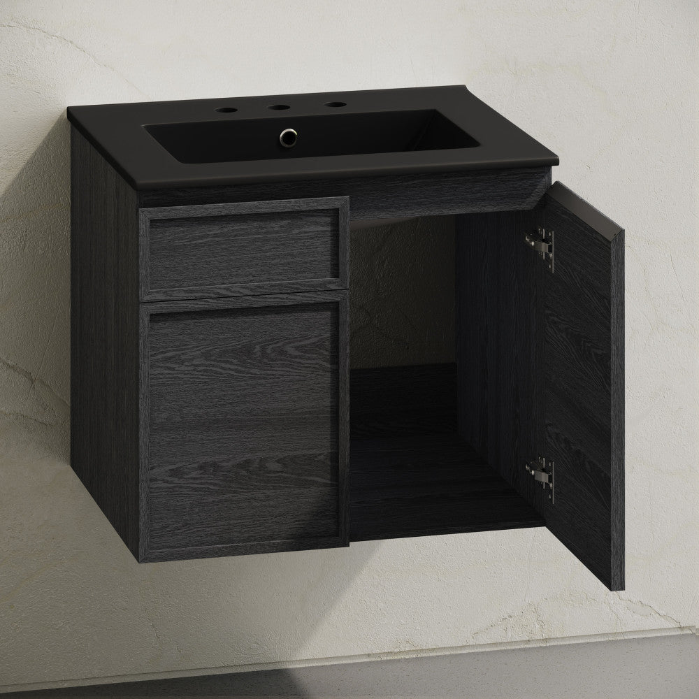 St. Tropez 24" Wall-Mounted Bathroom Vanity in Black Oak with Black 3-Hole Widespread Sink Top