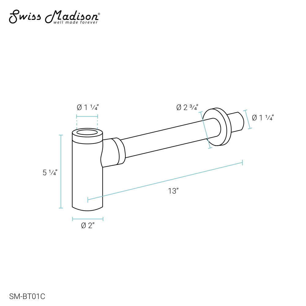 Chrome P-trap drain pipe with 2 ½ inch outlet and 1 ½ inch inlet, 13 inches long.