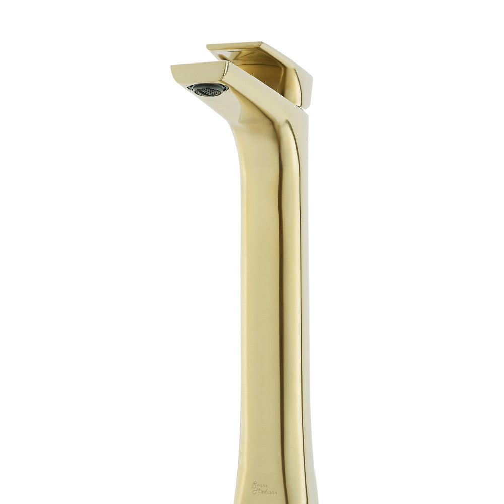 Single-handle, high arc bathroom faucet in brushed gold with sleek modern design.