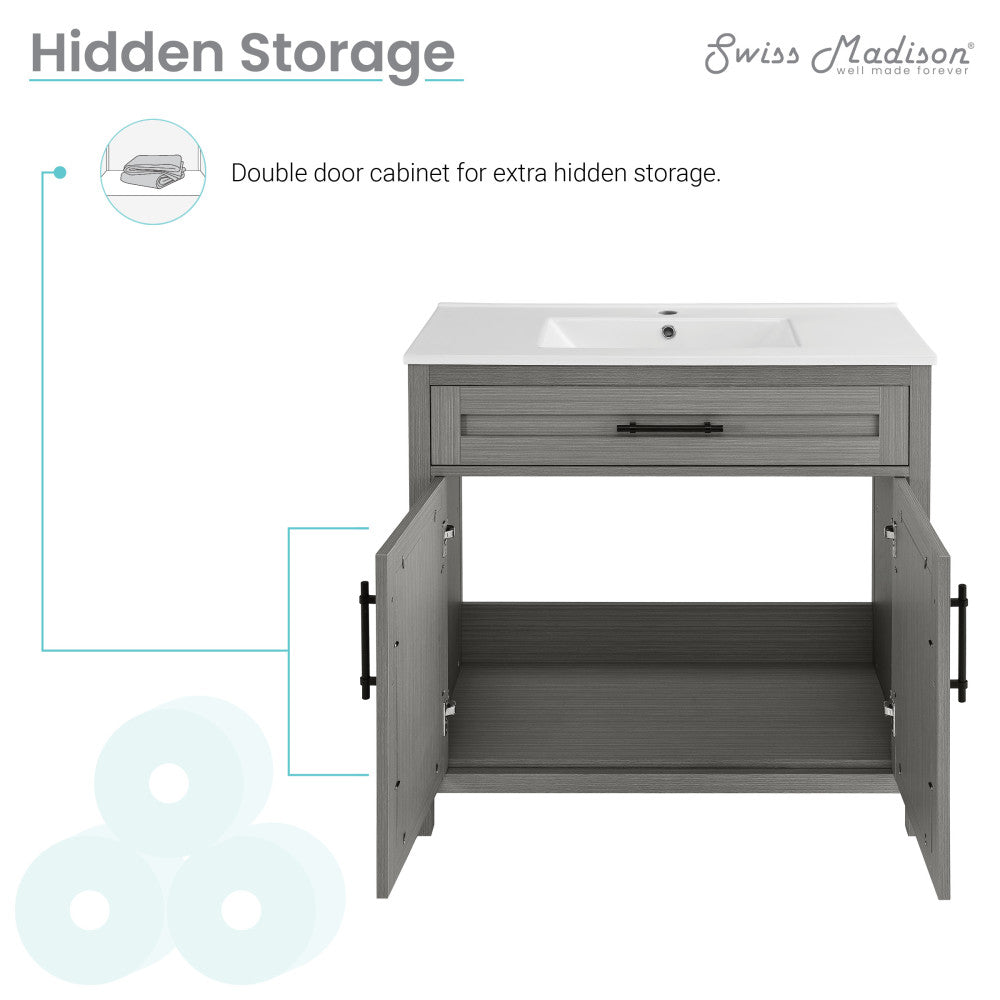 36-inch freestanding carbon gray bathroom vanity with double-door hidden storage and white sink top.