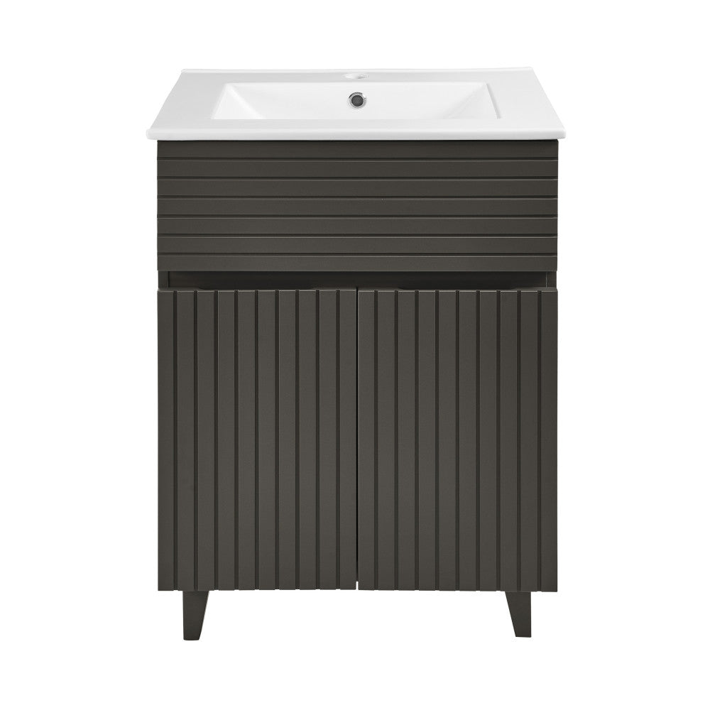 24-inch freestanding bathroom vanity in cedar gray, single sink, soft-close doors.