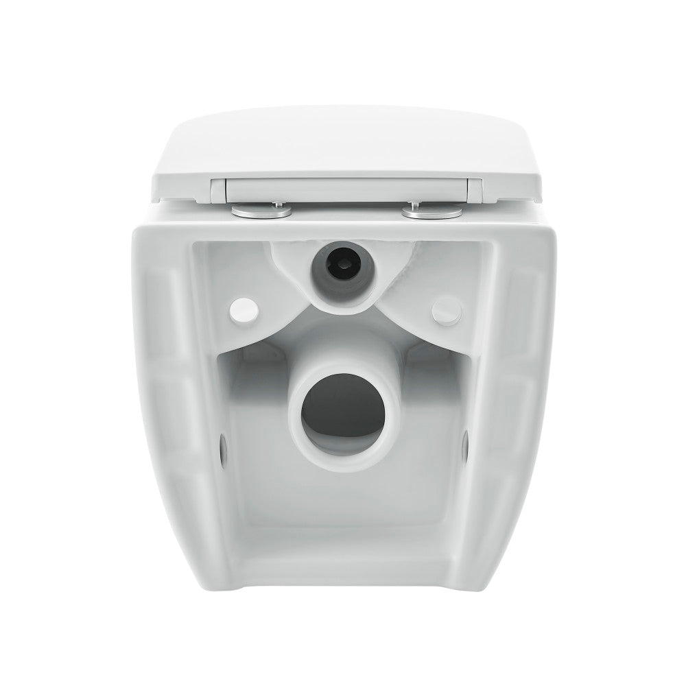 Glossy white wall-hung toilet with dual flush system and flush plate, compact design.