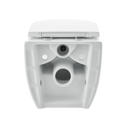 Glossy white wall-hung toilet with dual flush system and flush plate, compact design.