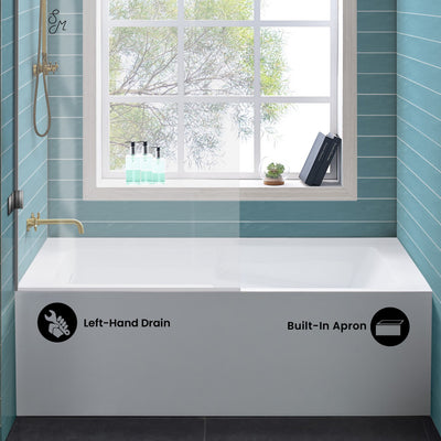 Voltaire 54 x 30 Skirted Left Drain Soaking Apron Bathtub in Glossy White with Integrated Overflow and Armrest, Drain Included