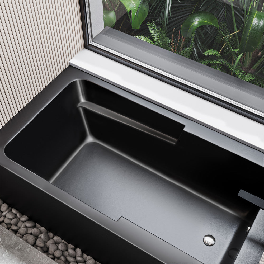 Apron front alcove bathtub 54 inch with right-hand drain in matte black.