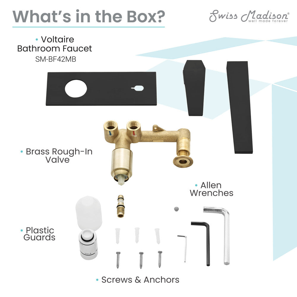 Wall-mount bathroom faucet matte black with single handle and brass rough-in valve components.