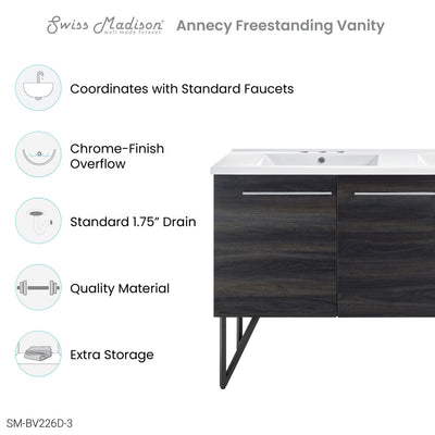 Annecy 60 in. Black Walnut, Double Basin Bathroom Vanity With White, 3-Hole Artificial Stone Sink Top