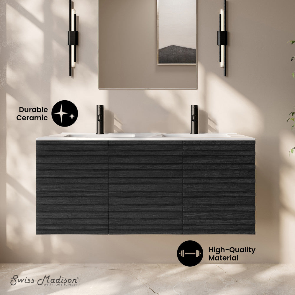 Cascade 48" Wall-Mounted Bathroom Vanity in Black Oak with Double Basin Sink Top